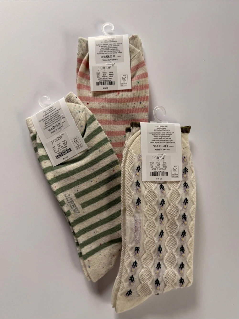 NWT J.Crew Trouser Socks Bundle | Pink Stripe, Green Stripe & Floral | 3 Pairs